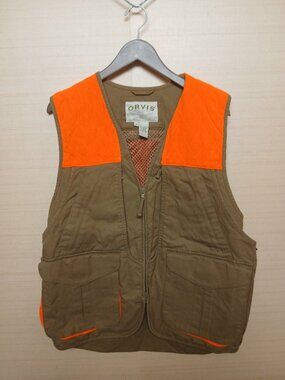 Orvis Upland Hunting Vest Mens Small Blaze Orange Khaki Shell & Game Pockets